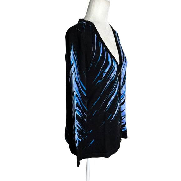 Bob Mackie Wearable Art V-Neck Cardigan Sweater XS Blue Black Cotton Abstract - Picture 3 of 7